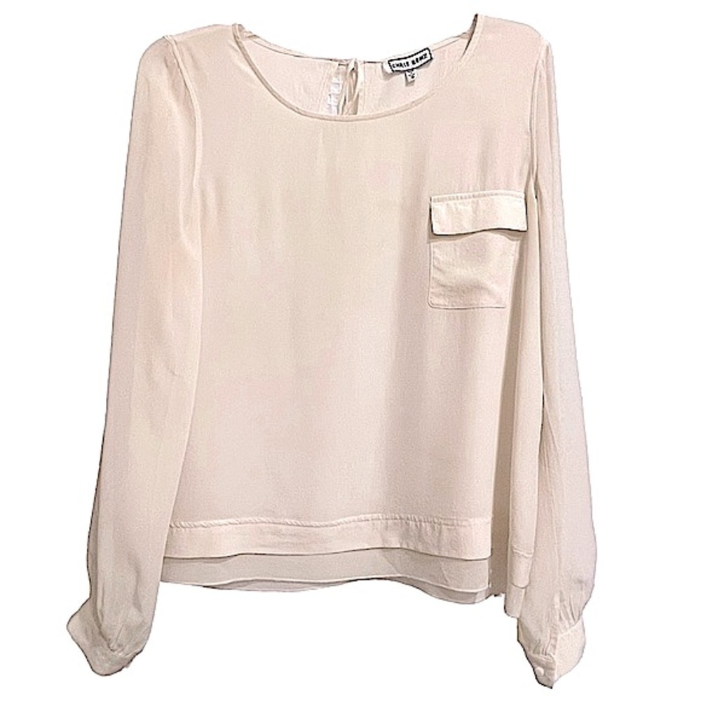 Chris Benz Semi Sheer Beige Silk Crepe Popover Top Tie Neck Size 8